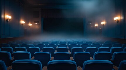 Fototapeta premium Empty Movie Theater with Blue Seats and Dramatic Lighting