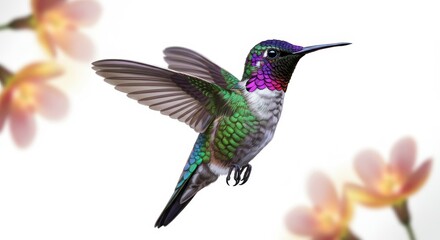 Fototapeta premium Hummingbird A Masterpiece in Flight - Graceful hummingbird, vibrant plumage, delicate wings, nature's beauty, artistic . Symbolizing freedom, beauty, energy, resilience, and hope