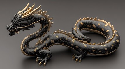 Fototapeta premium 3D Black Gold Dragon Statue, Elegant Design