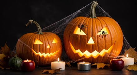 Fototapeta premium Illuminated Halloween Pumpkins - Two carved pumpkins with candles and autumn leaves on a dark background. Spooky Halloween scene