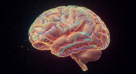 Obraz premium Intricate Brain Network: A Visual Exploration of Neural Pathways - A detailed 3D of the human brain, showcasing its complex neural connections, cognitive functions