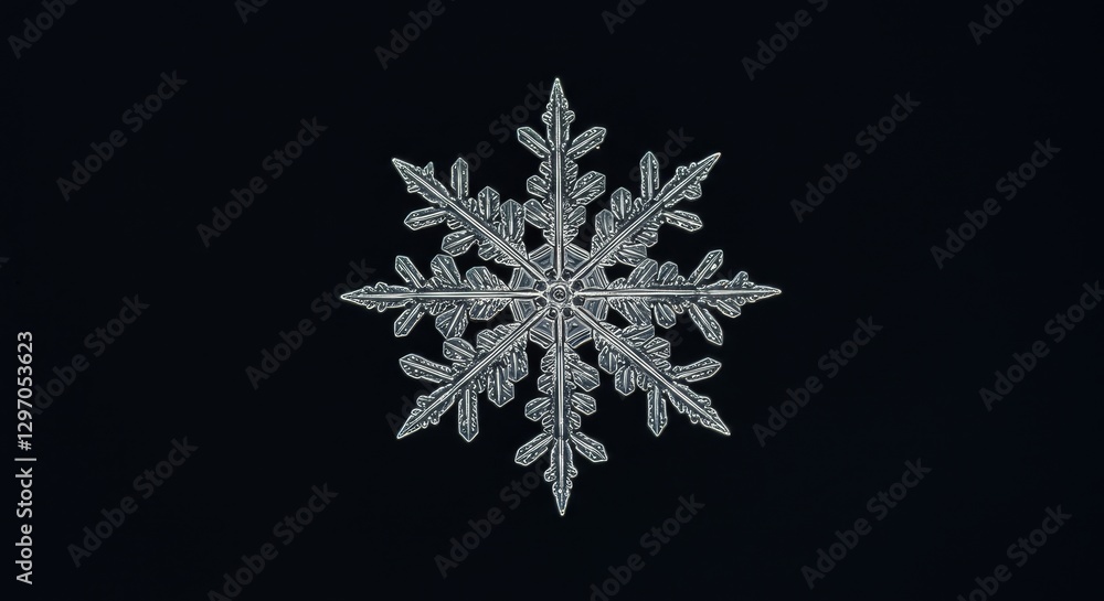 Poster intricate snowflake on black background - a detailed close-up of a single snowflake, showcasing its 