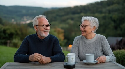 Elderly couple enjoying a peaceful moment together outdoors in the evening