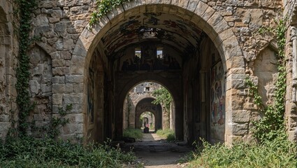 Naklejka premium Explore the mystery of a stone archway entwined with vines in a forgotten ruin revealing glimpses of ancient carvings and weathered frescoes