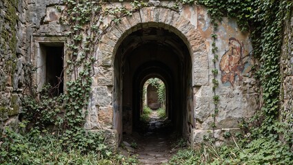 Explore the mystery of a stone archway entwined with vines in a forgotten ruin revealing glimpses of ancient carvings and weathered frescoes