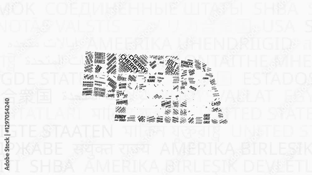 Poster nebraska intro animation. state with counties illustration video. background with state names in var