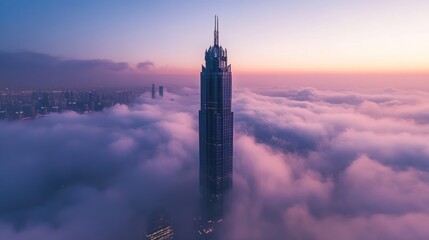 Skyscraper above clouds at sunset, city skyline (1)