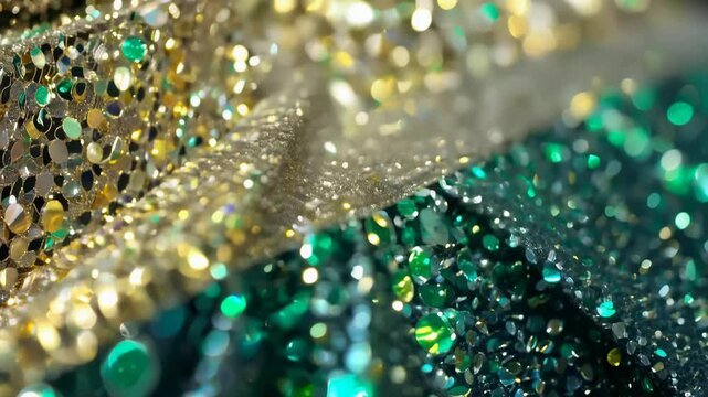 Striking display of sequined fabric reflecting light in vibrant colors like gold, silver, and emerald
