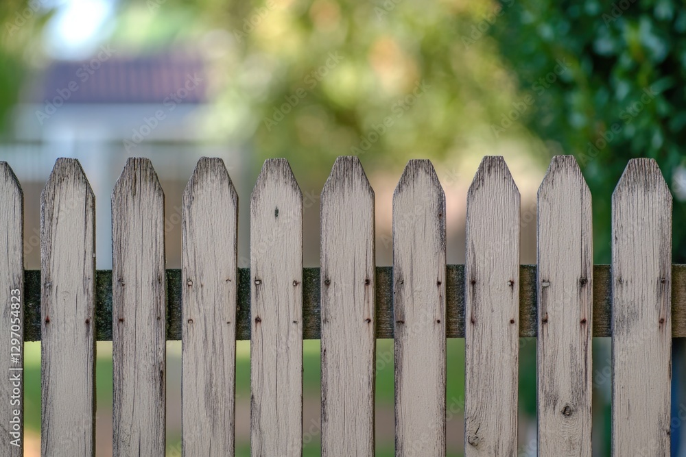 Poster a close-up shot of a wooden fence with a house visible in the background, great for use as a design 