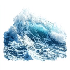 Powerful Ocean Waves Crashing Isolated on White Background with Detailed Texture and Dynamic Motion