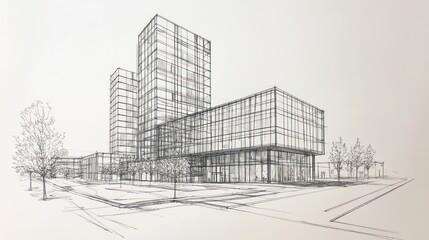 Modern skyscraper architectural sketch, urban landscape, design blueprint, for real estate marketing