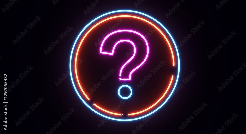 Poster neon question mark circle - glowing neon question mark in a circular frame, ideal for websites, pres