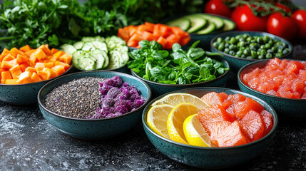 Diverse and colorful nutritious diet plan featuring fresh vegetables and fruits on a wooden table promoting healthy eating choices