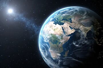 Fototapeta premium Stunning View of Planet Earth from Space with a Bright Star and Milky Way Galaxy in the Background