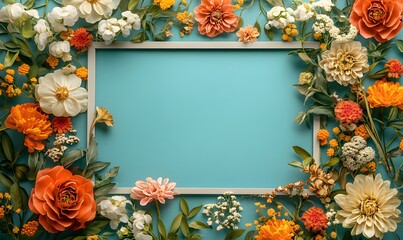 Elegant Floral Frame with Lush Blooms and a Pastel Blue Center for Text or Image