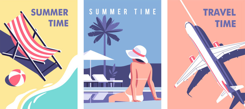Travel time. Concept of summer party, vacation and travel. Perfect background on the theme of season vacation, weekend, beach. Vector illustration in minimalistic style for posters, cover art, flyer.