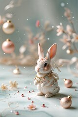 Charming White Rabbit with Ornate Jewelry and Festive Ornaments on a Light Background
