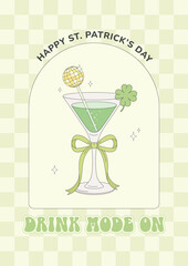 St Patrick's Day greeting card, poster, party invitation. Green cocktail with disco ball drink stirrer and clover leaf. Vector illustration in retro style.
