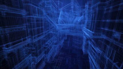 Wireframe medieval city street at night; architectural visualization