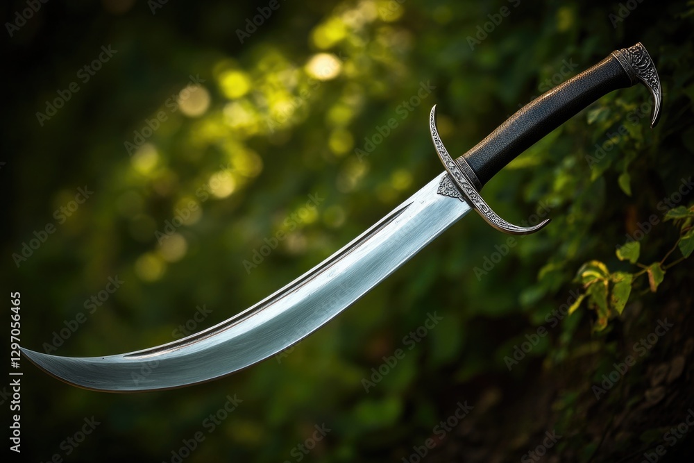 Poster a knife with a dark-colored handle stuck in the trunk of a tree, possibly used for hunting or outdoo