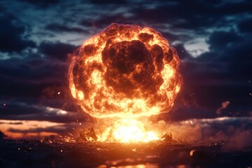 Explosion above the sea with waves and smoke