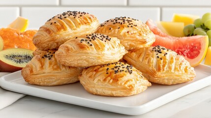 Flaky Pastries with Guava on a White Platter with Fresh Fruit