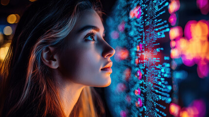 Creative professionals utilize AI technology to select optimal film scripts in innovative studio environment with bright holographic displays