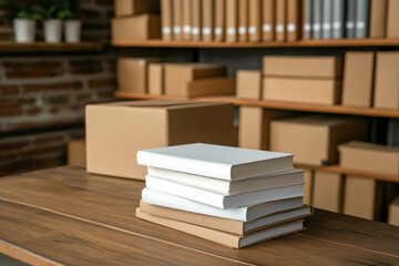 Stacked books on a wooden table in a cozy storage room filled with boxes