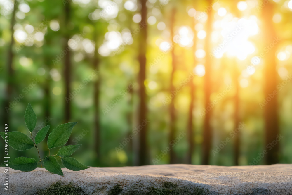 Poster sunlight filters through trees illuminating leaves on a stone in a tranquil forest