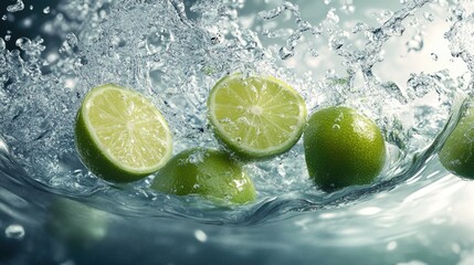 Whole and halved limes floating dynamically, emphasizing their refreshing green hue.