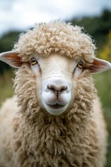 Obraz premium A close-up shot of a sheep's face grazing in a lush green field, with sunlight shining down