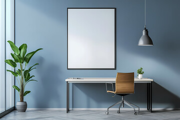 A mockup of an empty, blank white poster frame on the wall in an office room with a desk and chair, featuring a modern interior design