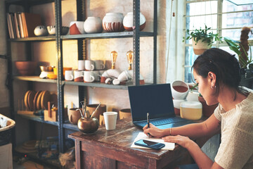 Notebook, writing and pottery with woman in studio for ceramic inventory, clay and laptop mockup....