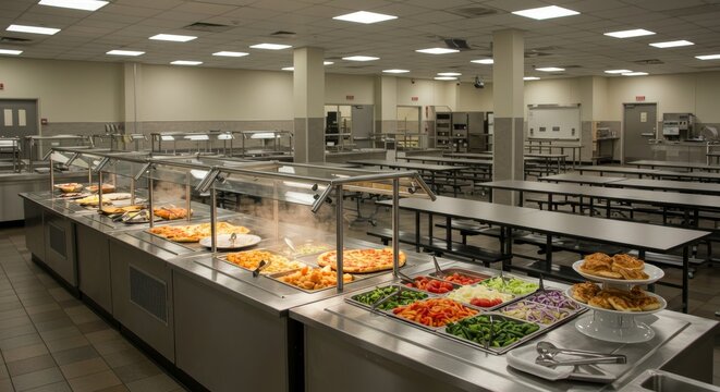 School Cafeteria Food Service - A large school cafeteria with numerous tables and a long buffet line offering a variety of food