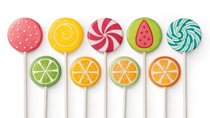 Ten assorted lollipops with different designs including polka dots, swirls, stripes, and fruit slices displayed in a neat line on a white surface.  This image represents sweetness, variety, and confec