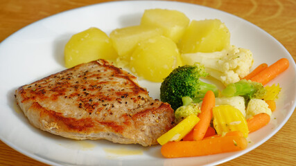 Pork steak with potatoes and vegetable
