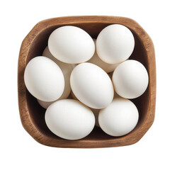 Wooden bowl filled with fresh white eggs. The smooth eggs contrast with the natural wood texture, perfect for food-related concepts. Isolated on transparent background, png.