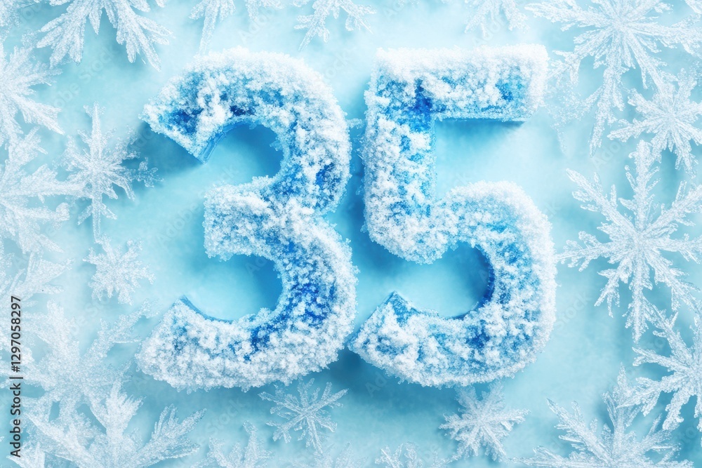 Poster unique frost covered number thirty five decorative display on a light blue background with snowflake