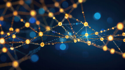 Shimmering Light Effects Create A Bokeh Style On Network Of Digital Nodes And Connections Against Blue Background