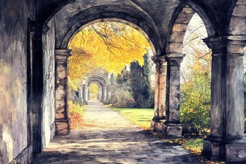 Obraz premium Arched stone colonnade framed a picturesque autumn landscape scene
