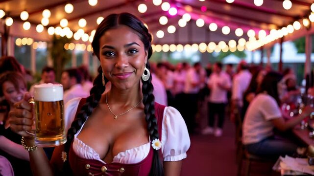 Beautiful waitress wearing traditional dirndl dress, holding a beer mug and smiling during oktoberfest celebration. Vertical video