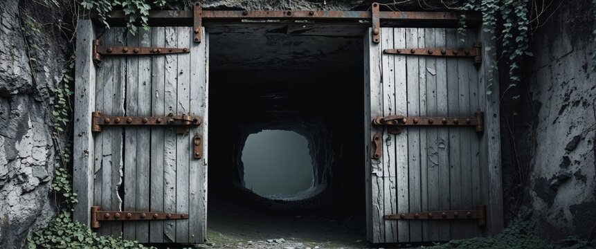 Abandoned mine entrance revealing darkness beyond weathered wooden doors
