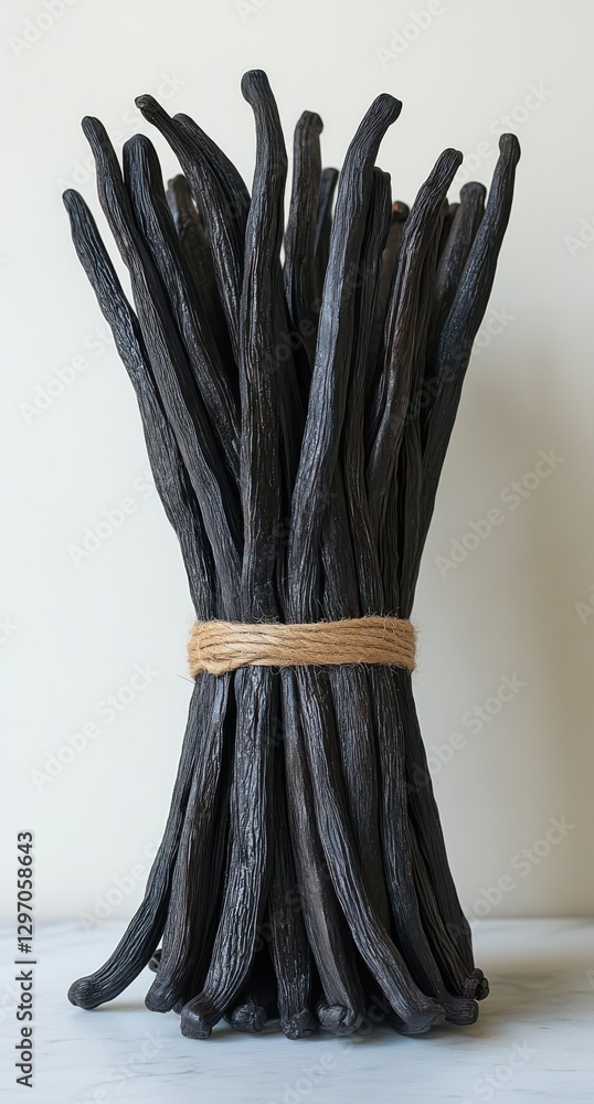 Poster bundle of dark stick-like objects tied with natural rope against a light background for creative and