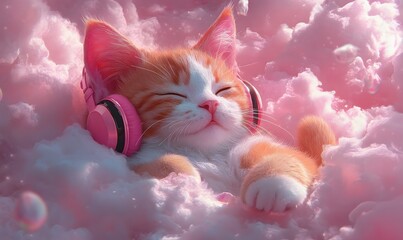 A cute cat with headphones is relaxing on pink clouds in a serene scene