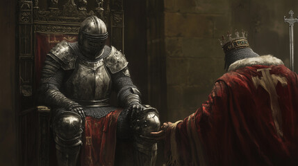 A fully armored knight kneeling before a king, swearing loyalty