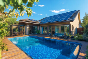 Fototapeta premium An eco-friendly American home with a sleek contemporary design, solar panels seamlessly integrated into the roof, and a sparkling blue pool in the backyard. The house is surrounded by nature, with a s