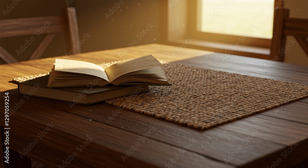 Poster wooden table setting with open books and woven placemat - a rustic wooden table setting featuring op