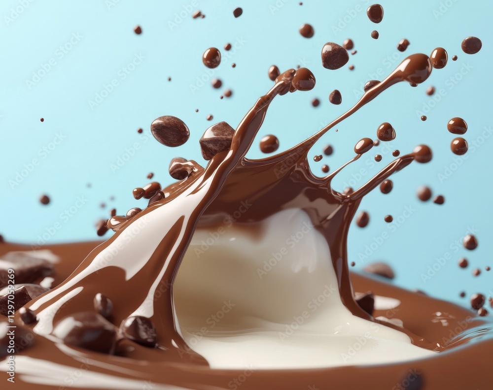 Poster captivating splash of chocolate and cream with dynamic droplets and smooth texture against a light b