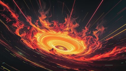 Vivid cosmic vortex with fiery and digital elements creating a stunning visual effect
