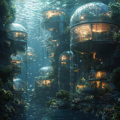 Envisioning a future: A stunning underwater city with transparent domes nestled among vibrant coral reefs.